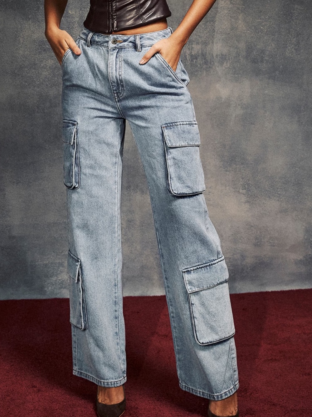 House of CB Light Wash Wide Leg Utility Cargo Denim Blue Jeans XS